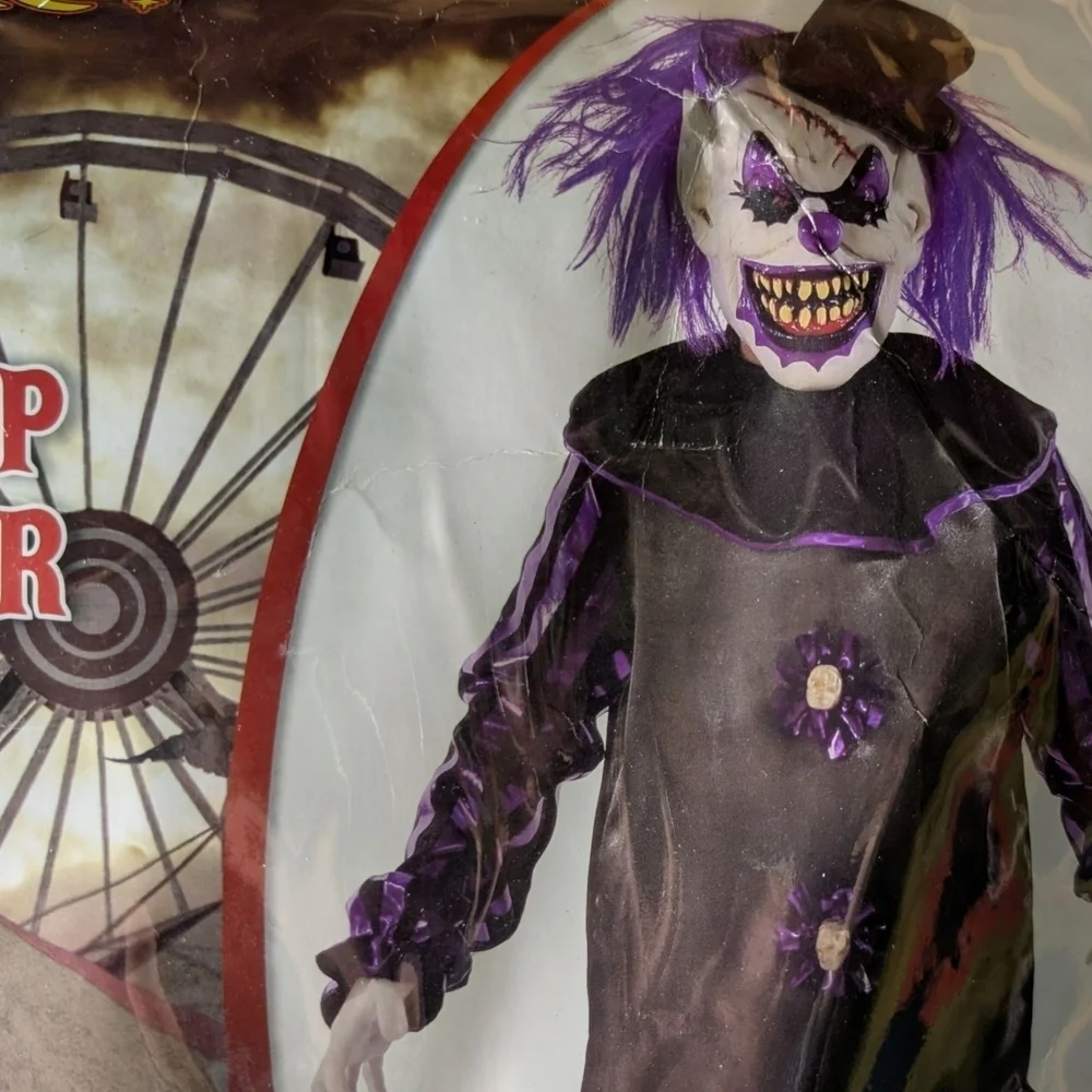 Spirit Halloween Creep Clown Costume Big Top Terror Purple Black Mask Hat Collar